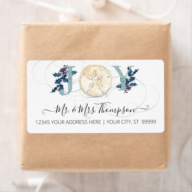 Christmas Beach Coastal Sand Dollar Blue Script Label (Insitu)
