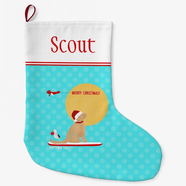 Christmas Beach Day Surfing Dog Aqua Stocking (Front)