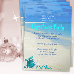 Christmas Beach Party Sand and Sea Invitation<br><div class="desc">Holiday house party invitation with a tropical beach theme.  Blue sky,  blue ocean and beach sand are the backdrop for lines of custom text.  Decorated with a tree ornament,  ribbon and a starfish / sea star.  Tropical colors of blue aqua and teal.</div>