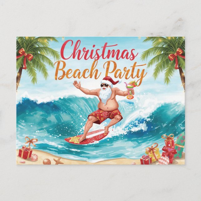 Christmas Beach Party – Tropical Santa Surfing  Invitation Postcard (Front)