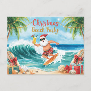 Christmas Beach Party – Tropical Santa Surfing Invitation Postcard
