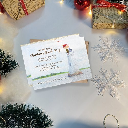 Christmas Beach Party Watercolor Lighthouse Invitation