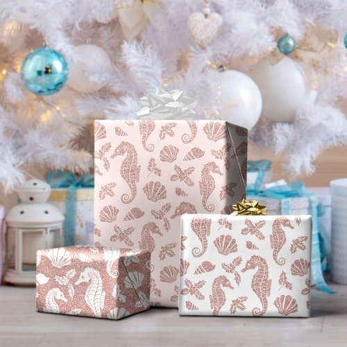 Christmas Beach Rose Gold Glitter Seahorse Pink Wrapping Paper Sheets