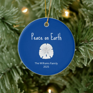 Christmas Beach Sand Dollar Peace on Earth Blue Ceramic Ornament