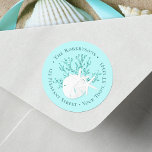Christmas Beach Sand Dollar Round Return Address Classic Round Sticker<br><div class="desc">This coastal Christmas return address label features a sand dollar and starfish on glitter coral,  with a light aqua blue background.
*If you would like this design on more products or need design help,  please contact me through Zazzle Chat.</div>