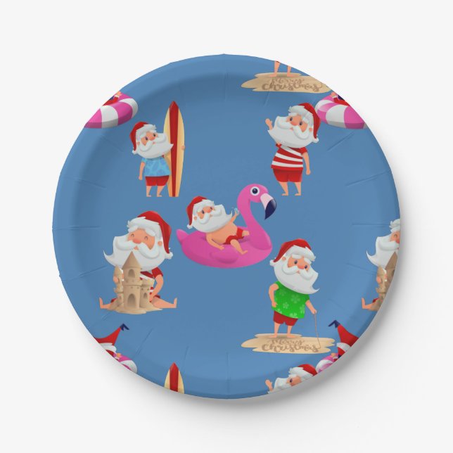 christmas beach santa claus vacation paper plates (Front)