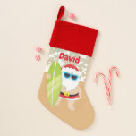 Christmas beach Santa surfing add name stocking<br><div class="desc">design by www.etsy.com/Shop/PrettyGrafikDesign back by www.etsy.com/Shop/JLaurieStudio</div>