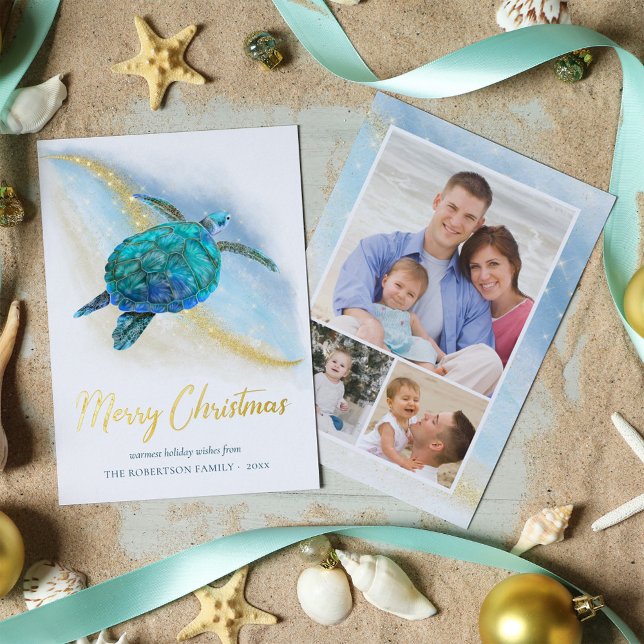 Christmas Beach Sea Turtle 3 Photo Coastal Foil Holiday Card (Creator Uploaded)
