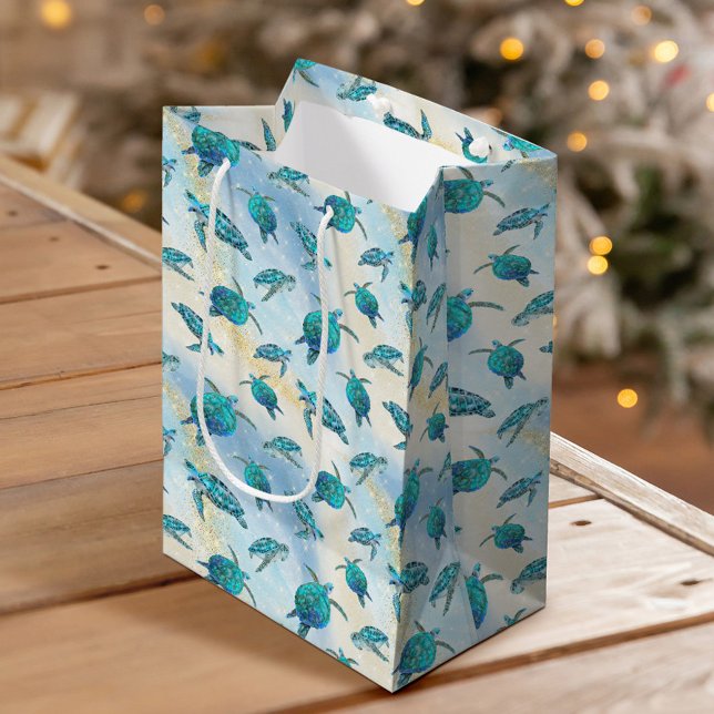 Christmas Beach Sea Turtle Glitter Sparkle Medium Gift Bag (Creator Uploaded)