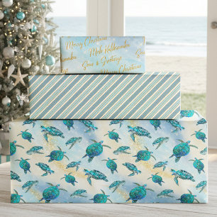 Christmas Beach Sea Turtle Glitter Sparkle Wrapping Paper Sheets