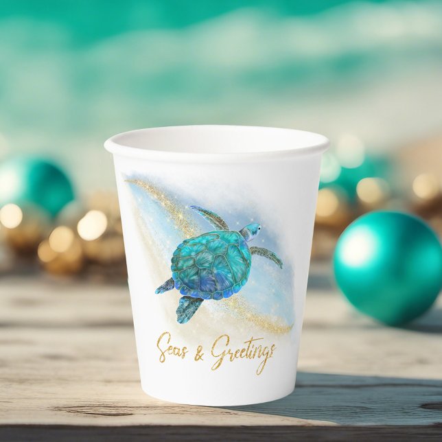 Christmas Beach Sea Turtle Seas and Greetings Paper Cups (Creator Uploaded)