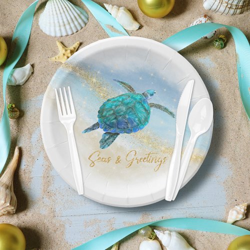 Christmas Beach Sea Turtle Seas and Greetings Paper Plates