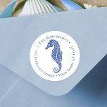 Christmas Beach Seahorse Navy Return Address Label<br><div class="desc">This coastal Christmas round return address label features an navy blue glitter seahorse on a lighter aqua blue background.
*If you would like this design on more products or need design help,  please contact me through Zazzle Chat.</div>