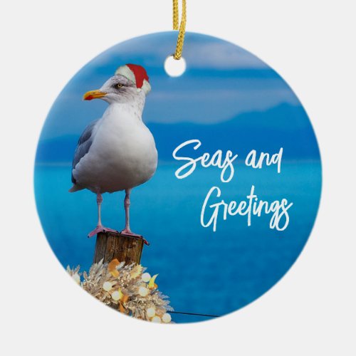 Christmas Beach Seas and Greetings Seagull Ocean Ceramic Ornament