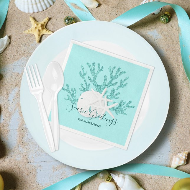 Christmas Beach Seas & Greetings Sand Dollar Aqua Napkins (Creator Uploaded)