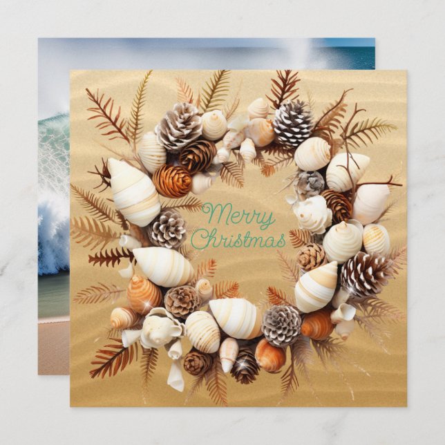 Christmas Beach Seashells Pine Cones Seaweed Holiday Card (Front/Back)