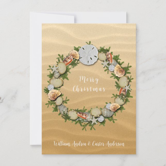 Christmas  Beach Seashells Starfish Sand Dollar Holiday Card (Front)