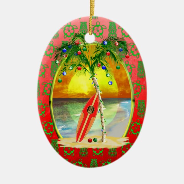 Christmas Beach Sunset Ceramic Ornament (Front)