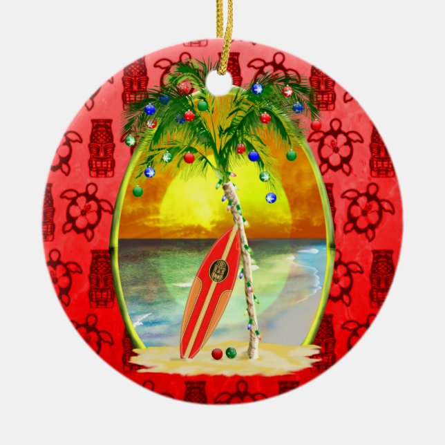 Christmas Beach Sunset Ceramic Ornament (Front)