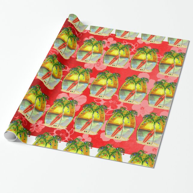 Christmas Beach Sunset Wrapping Paper (Unrolled)