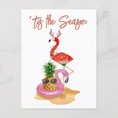 Christmas Beach tropical Flamingo Tis the Season Postcard