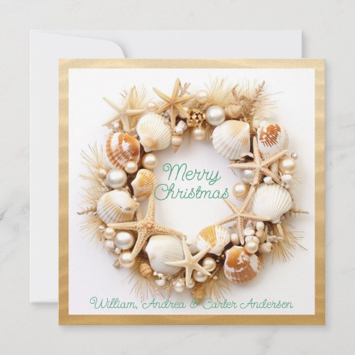 Christmas Beach Waves Seashells Starfish Pearls Holiday Card