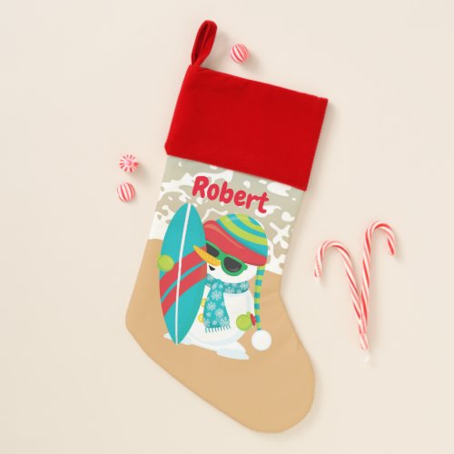 Christmas beachsurfing snowman add name stocking