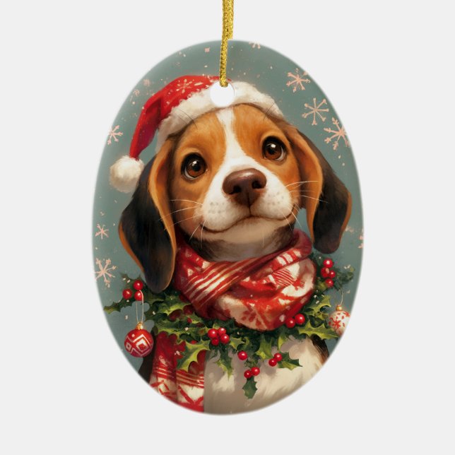 Christmas Beagle Dog Ceramic Ornament (Front)