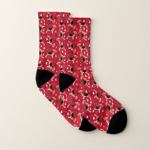 Christmas Beagle in Santa Hat Red Pattern Leggings Socks