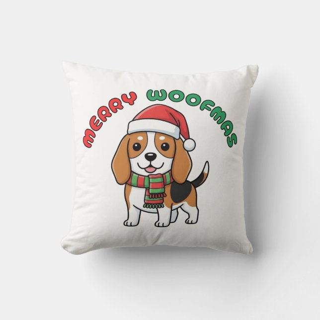 Christmas Beagle Pillow: Merry Woofmas Throw Pillow (Front)