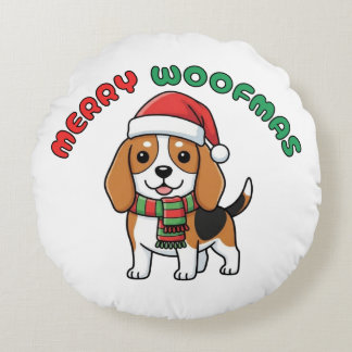 Christmas Beagle Round Pillow: Merry Woofmas Pillow