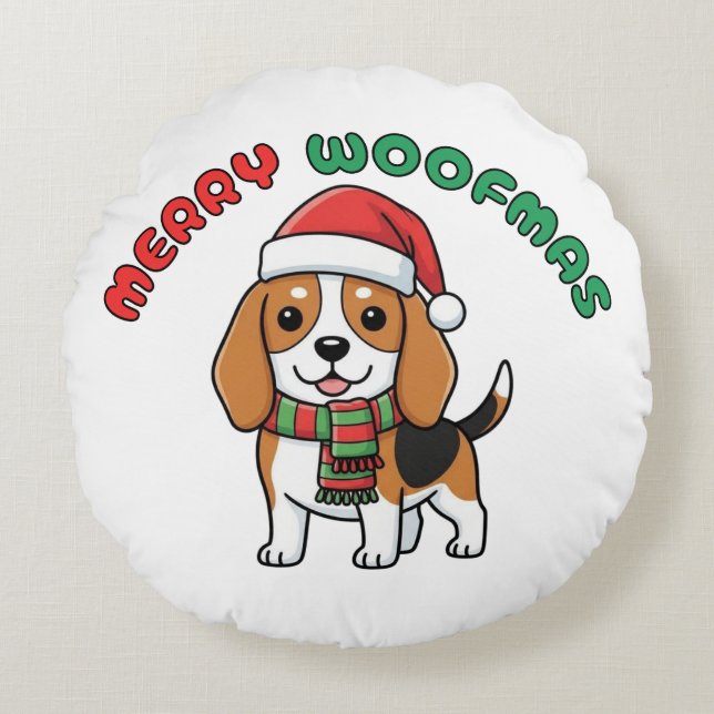 Christmas Beagle Round Pillow: Merry Woofmas Round Pillow (Front)