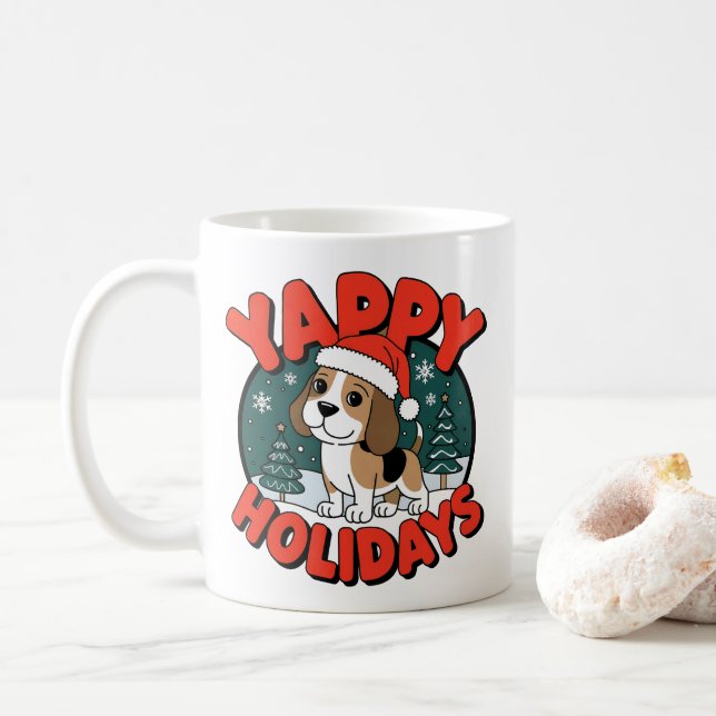 Christmas Beagle Yappy Holidays Funny Dog Lover Coffee Mug (With Donut)