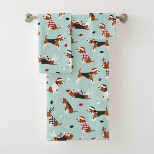 Christmas Beagles Blue Bath Towel Set