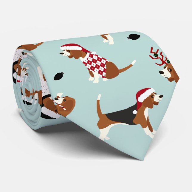 Christmas Beagles Blue Neck Tie (Rolled)
