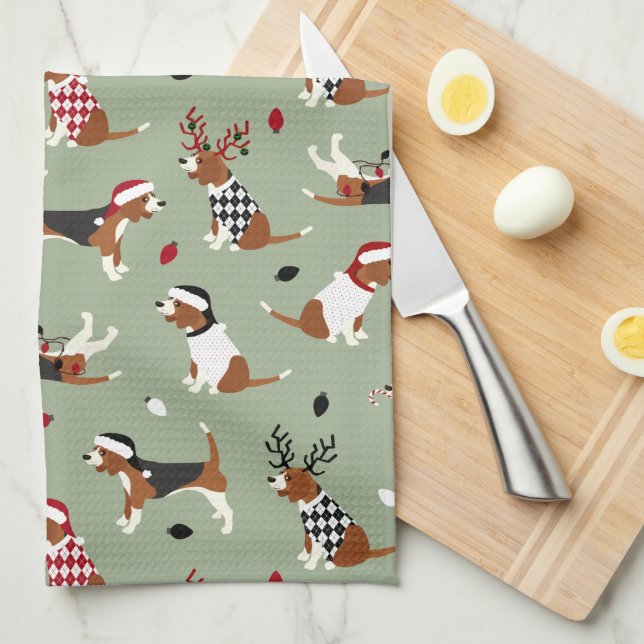 Christmas Beagles Green Kitchen Towel (Quarter Fold)