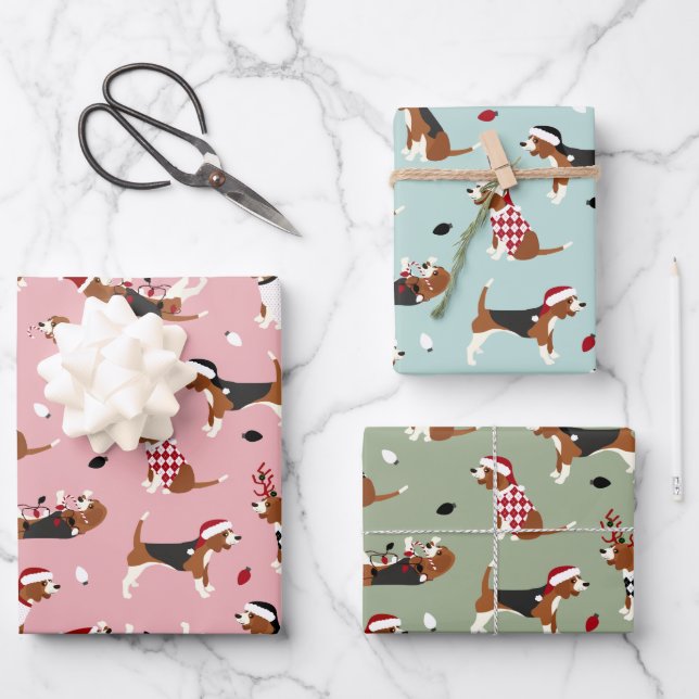 Christmas Beagles Pink Blue Green Wrapping Paper Sheets (Front)
