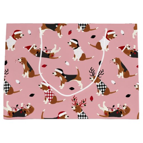 Christmas Beagles Pink Large Gift Bag