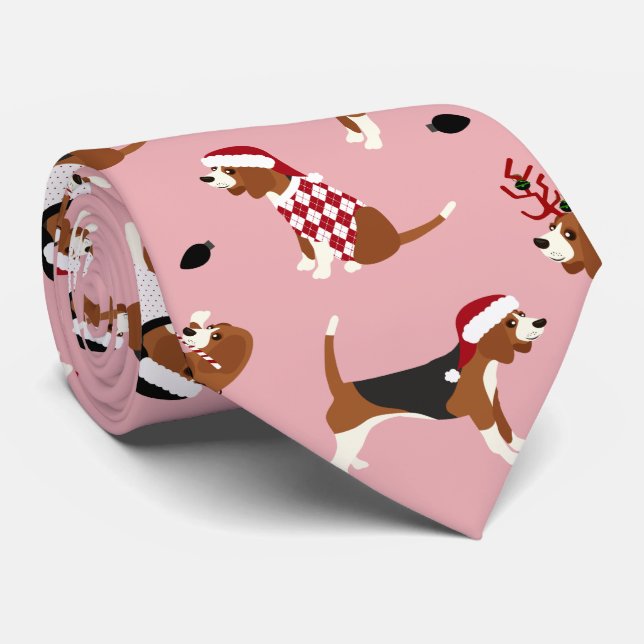 Christmas Beagles Pink Neck Tie (Rolled)