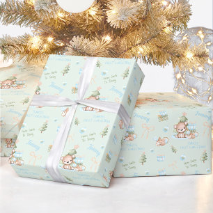Christmas Bear Boy Blue Green Name Text Christmas Wrapping Paper