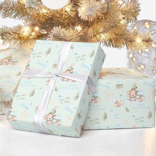 Christmas Bear Boy Blue Green Name Text Christmas Wrapping Paper
