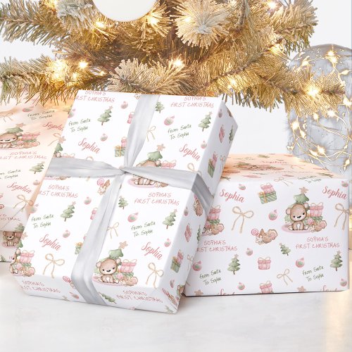 Christmas Bear Girl Pink Name Text Christmas Wrapping Paper