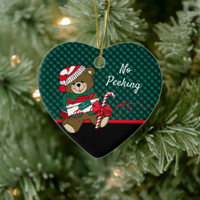Christmas Bear Green Plaid No Peeking Personalized Ceramic Ornament (Tree)