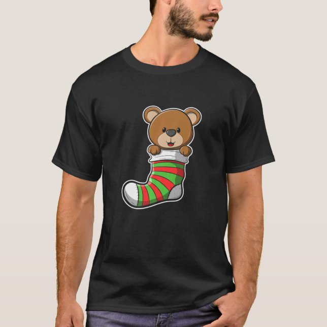 Christmas Bear Image Inside Christmas Stocking T-Shirt (Front)