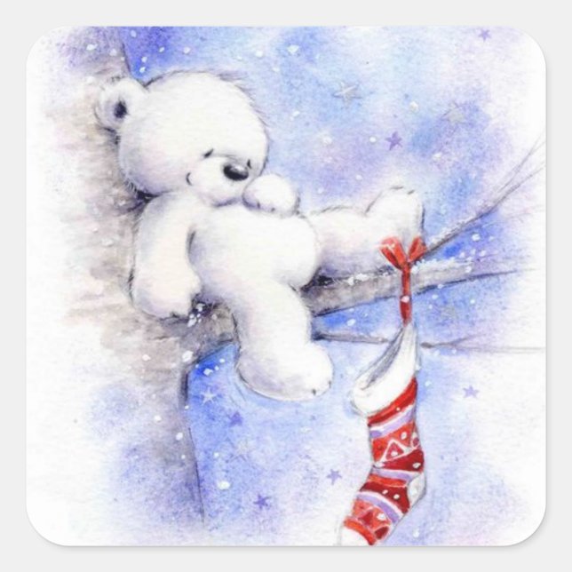Christmas Bear In A Tree Square Sticker (Front)