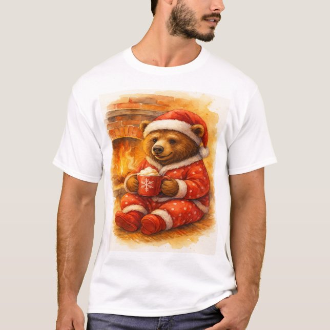Christmas Bear in Red Pajamas by the Fireplace T-Shirt (Front)