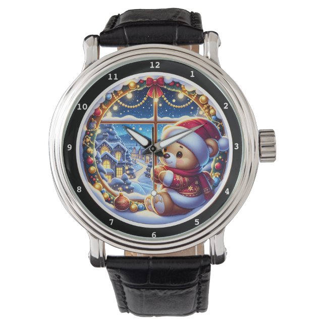 Christmas Bear Looking Out Window At Snowy Village Watch (Front)