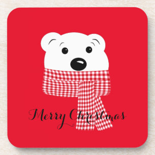 Christmas, bear muzzle, polar bear, red, white, beverage coaster