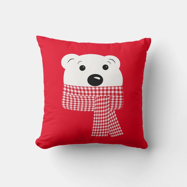 Christmas, bear muzzle, polar bear, red, white, throw pillow (Front)
