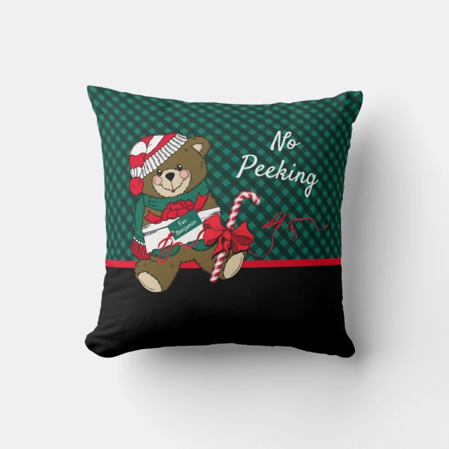 Christmas Bear No Peeking Green Plaid Personalized Throw Pillow (Front)